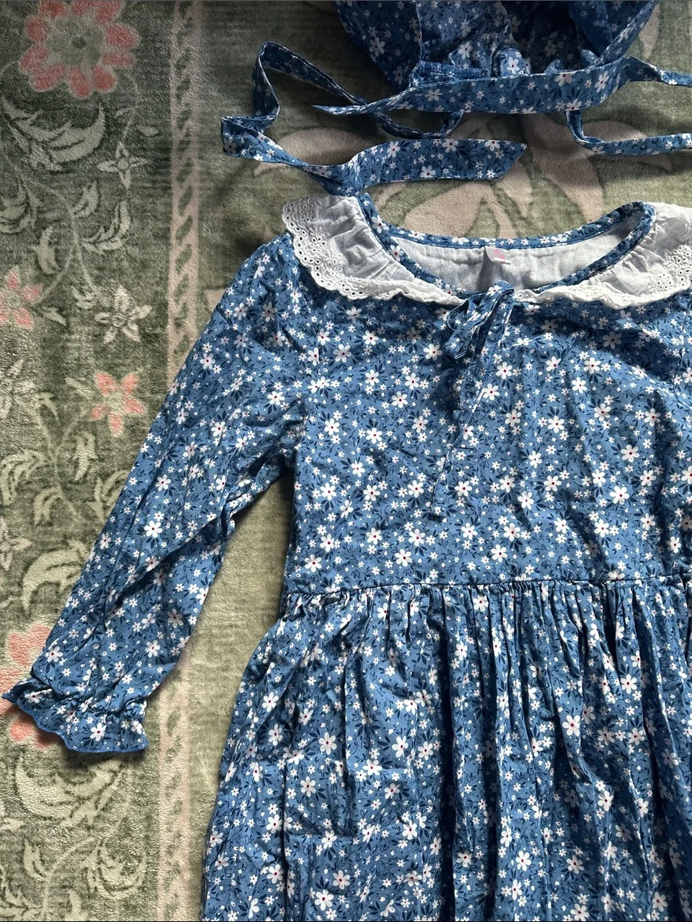 Blue Floral Girls' Prairie Costume Dress with Bonnet 🦬🩵🏕️